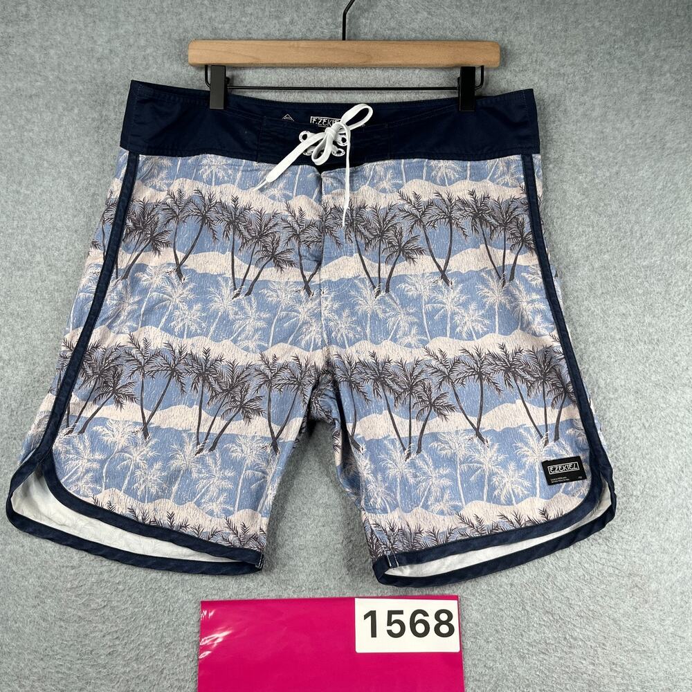 Ezekiel Board Shorts Blue Tropical Palm Tree Print Bathing Suit Mens Size 36